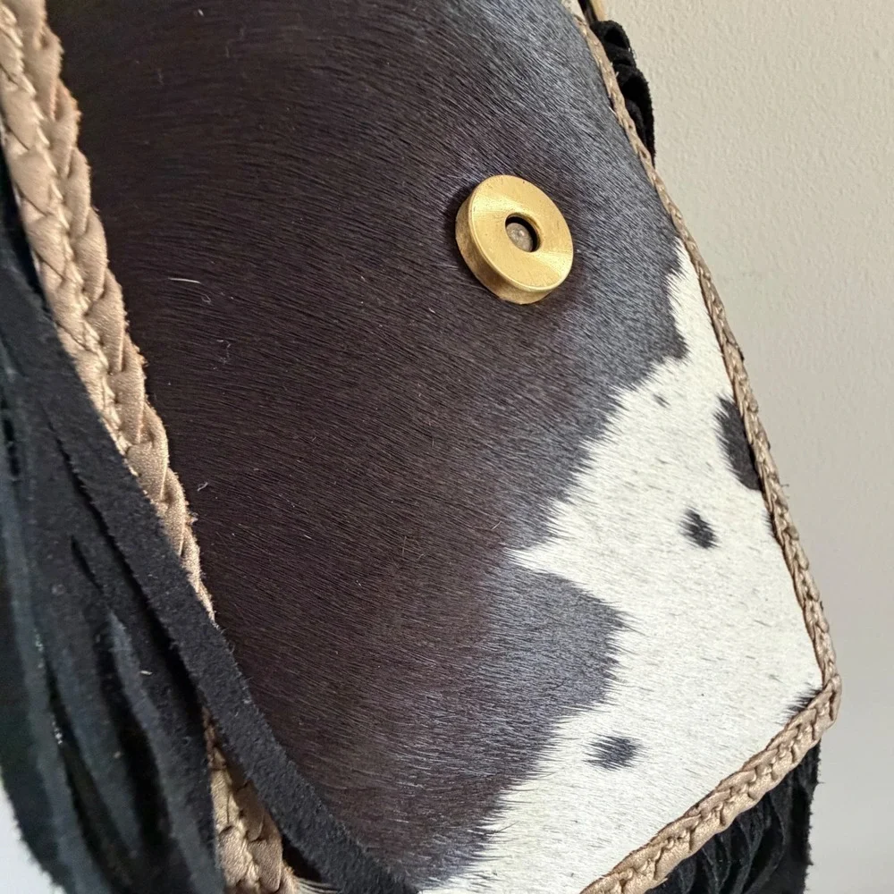 Genuine Hair-On Cowhide Fringe Crossbody & Belt Bag Black White Western Concho